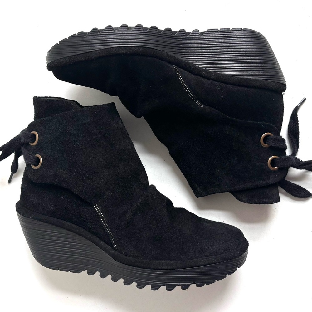Fly London Black Suede Wedge Ankle Boots